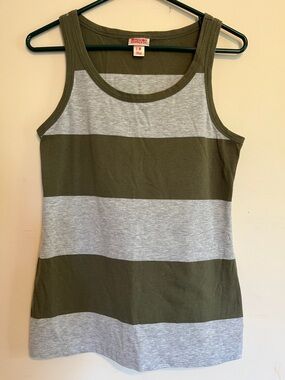 Mossimo Supply Co. Olive Green and Heather Gray Striped Tank Top M